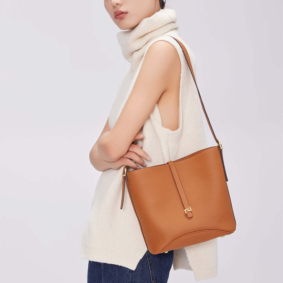 TQING Wind Chime Bucket Bag Shoulder Bag #color_gold-brown