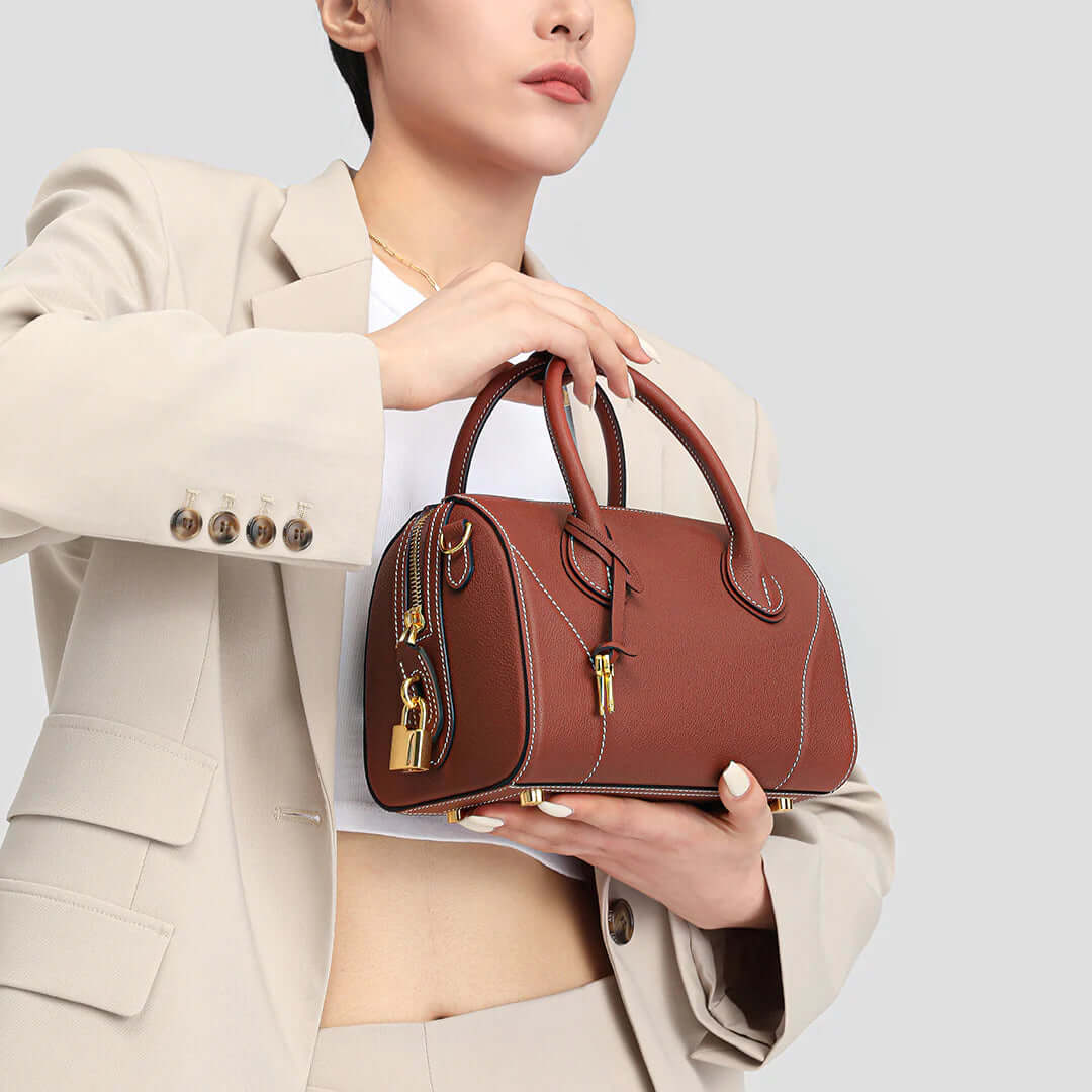 TQING Slender Waist Boston Tote Bag #color_reddish-brown