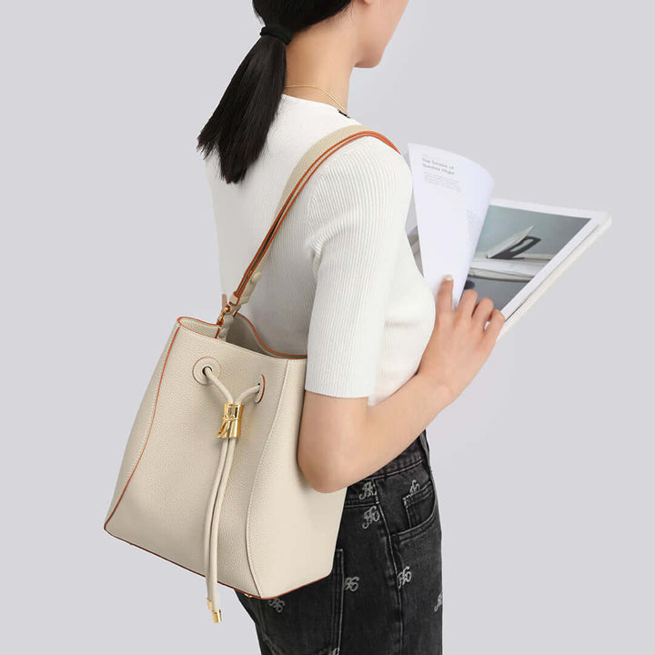 Slender Waist Shoulder Bucket Bag #color_cream-white